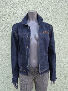 FUBU (Hong Kong) Ladies Vintage Denim Jean Jacket W/Brass Hook & Loop Closure